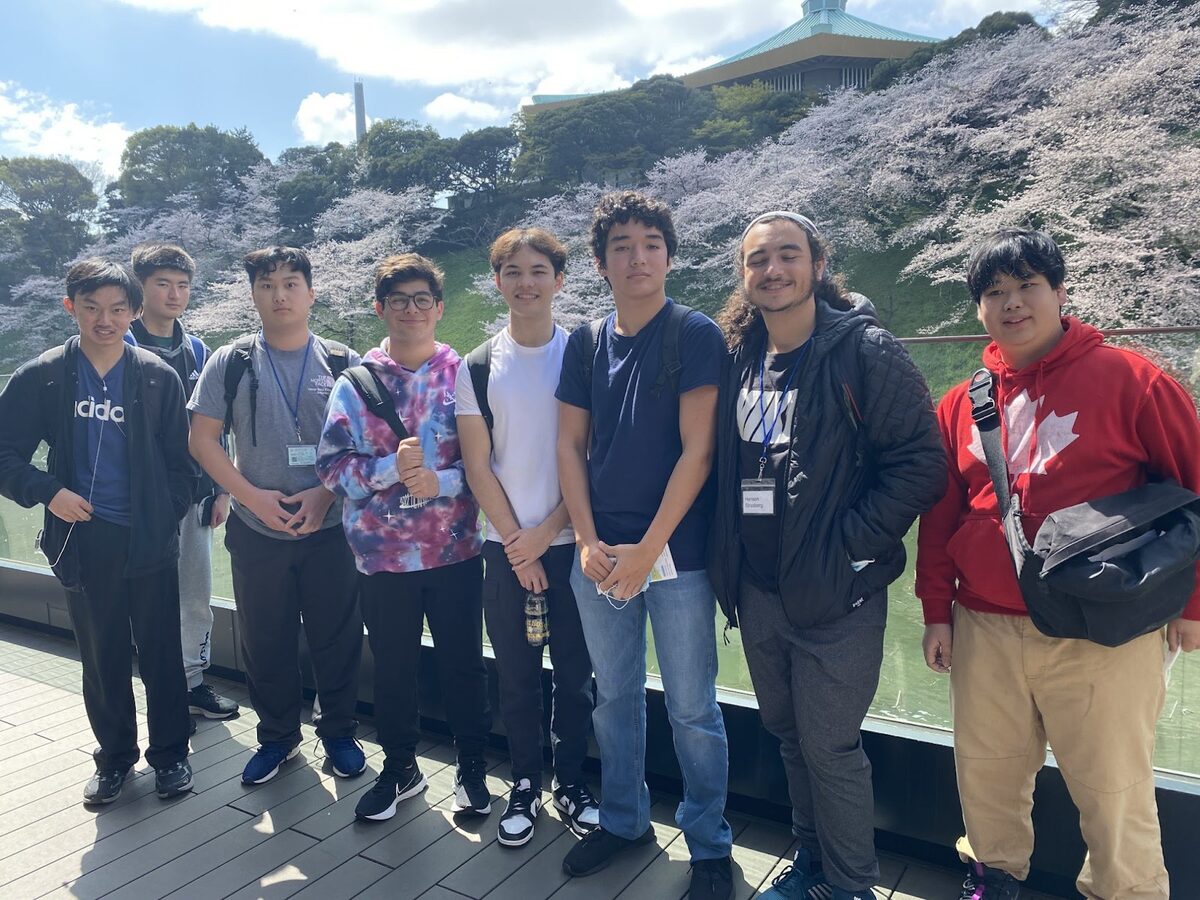 Students along the moat during sakura season