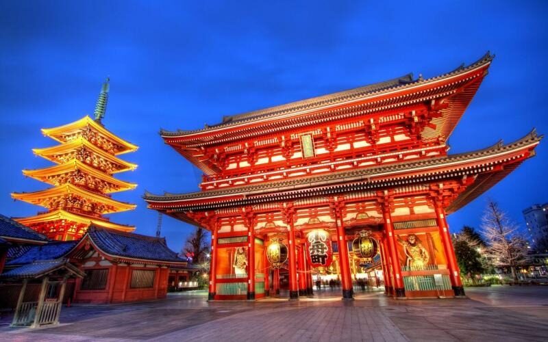 Senso-ji Temple in Asakusa lit up at night