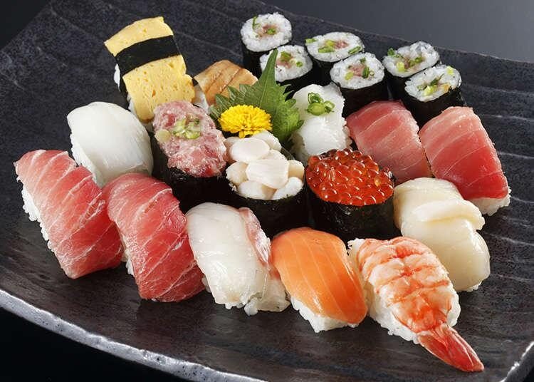A platter of fresh nigiri sushi